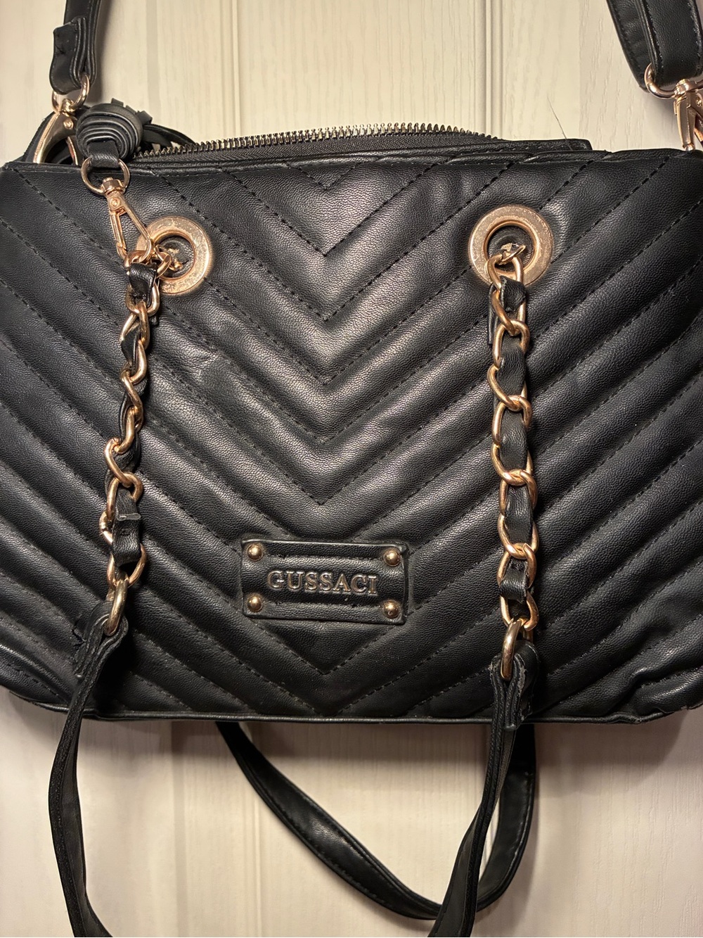 GUSSACI QUILTED DOUBLE  CROSSBODY / SS  BLACK  PURSE